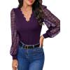 imageMakeMeChic Womens Lace Long Sleeve Tops Sheer Mesh Scallop Trim V Neck Blouse ShirtPurple