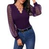 imageMakeMeChic Womens Lace Long Sleeve Tops Sheer Mesh Scallop Trim V Neck Blouse ShirtPurple