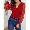imageMakeMeChic Womens Lace Long Sleeve Tops Sheer Mesh Scallop Trim V Neck Blouse ShirtRed