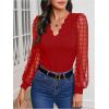 imageMakeMeChic Womens Lace Long Sleeve Tops Sheer Mesh Scallop Trim V Neck Blouse ShirtRed