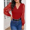 imageMakeMeChic Womens Lace Long Sleeve Tops Sheer Mesh Scallop Trim V Neck Blouse ShirtRed