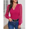 imageMakeMeChic Womens Lace Long Sleeve Tops Sheer Mesh Scallop Trim V Neck Blouse ShirtRed Violet