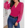 imageMakeMeChic Womens Lace Long Sleeve Tops Sheer Mesh Scallop Trim V Neck Blouse ShirtRed Violet