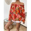 imageMakeMeChic Womens Off Shoulder Blouse Lantern Long Sleeve Frill Trim Floral Print Shirt TopsMulticolor
