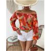 imageMakeMeChic Womens Off Shoulder Blouse Lantern Long Sleeve Frill Trim Floral Print Shirt TopsMulticolor