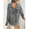 imageMakeMeChic Womens Striped Bow Tie Button Down Shirts Cut Out Long Sleeve Collar BlouseBlack and White