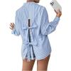 imageMakeMeChic Womens Bow Knot Striped Split Hem Button Down Shirt Long Sleeve Collared Blouse TopsBlue and White