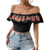 imageMakeMeChic Womens Floral Embroidered Off Shoulder Ruffle Trim Crop Top Blouse ShirtBlack