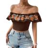 imageMakeMeChic Womens Floral Embroidered Off Shoulder Ruffle Trim Crop Top Blouse ShirtBrown