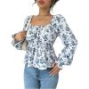imageMakeMeChic Womens Floral Print Tie Back Square Neck Long Sleeve Blouse Shirt Casual TopsBlue and White