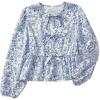 imageMakeMeChic Womens Floral Tie Front Lantern Sleeve Blouse Crew Neck Ruffle Hem Blouses Crop TopBlue and White
