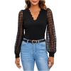imageMakeMeChic Womens Lace Long Sleeve Tops Sheer Mesh Scallop Trim V Neck Blouse ShirtBlack