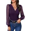 imageMakeMeChic Womens Lace Long Sleeve Tops Sheer Mesh Scallop Trim V Neck Blouse ShirtPurple