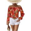 imageMakeMeChic Womens Off Shoulder Blouse Lantern Long Sleeve Frill Trim Floral Print Shirt TopsMulticolor