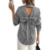 imageMakeMeChic Womens Striped Bow Tie Button Down Shirts Cut Out Long Sleeve Collar BlouseBlack and White