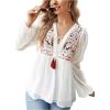imageMakeMeChic Womens Swiss Dots Embroidery Boho Shirts Long Sleeve Tassel Peplum BlouseWhite
