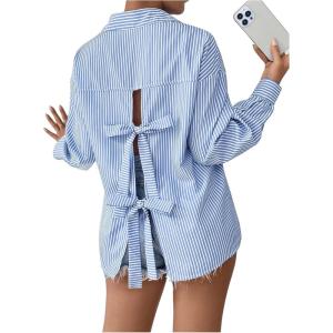 imageMakeMeChic Womens Bow Knot Striped Split Hem Button Down Shirt Long Sleeve Collared Blouse TopsBlue and White