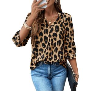 imageMakeMeChic Womens Cheetah Print Top 34 Sleeve Leopard Print Tops Button Down Shirt BlouseBrown