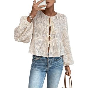 imageMakeMeChic Womens Crew Neck Lantern Sleeve Blouse Floral Tie Front Babydoll ShirtsApricot