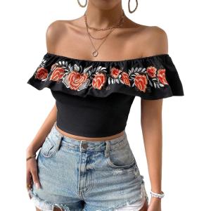 imageMakeMeChic Womens Floral Embroidered Off Shoulder Ruffle Trim Crop Top Blouse ShirtBlack