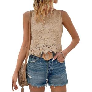 imageMakeMeChic Womens Floral Lace Blouse Crew Neck Sleeveless Summer Tank TopsKhaki