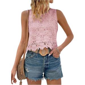 imageMakeMeChic Womens Floral Lace Blouse Crew Neck Sleeveless Summer Tank TopsPink