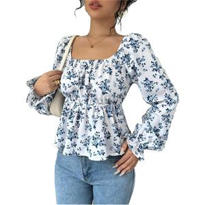 imageMakeMeChic Womens Floral Print Tie Back Square Neck Long Sleeve Blouse Shirt Casual TopsBlue and White