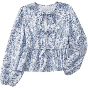 imageMakeMeChic Womens Floral Tie Front Lantern Sleeve Blouse Crew Neck Ruffle Hem Blouses Crop TopBlue and White