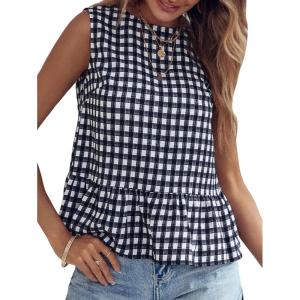 imageMakeMeChic Womens Gingham Tank Tops Plaid Crew Neck Sleeveless Ruffle Hem Summer Casual Blouse ShirtBlack and White