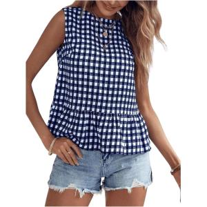 imageMakeMeChic Womens Gingham Tank Tops Plaid Crew Neck Sleeveless Ruffle Hem Summer Casual Blouse ShirtBlue and White