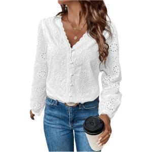 imageMakeMeChic Womens Going Out Tops Eyelet Embroidery Button Down Shirts Long Sleeve V Neck Blouse TopsWhite