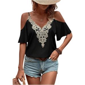 imageMakeMeChic Womens Guipure Lace Short Sleeve Blouse V Neck Cold Shoulder Shirt Summer TopsBlack