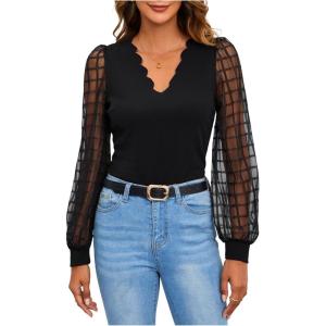 imageMakeMeChic Womens Lace Long Sleeve Tops Sheer Mesh Scallop Trim V Neck Blouse ShirtBlack