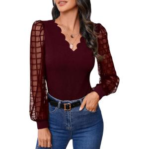 imageMakeMeChic Womens Lace Long Sleeve Tops Sheer Mesh Scallop Trim V Neck Blouse ShirtBurgundy