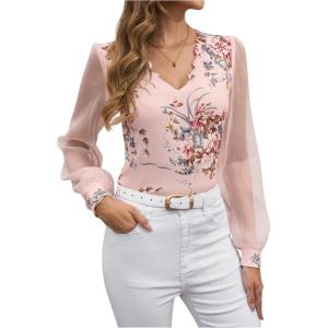 imageMakeMeChic Womens Lace Long Sleeve Tops Sheer Mesh Scallop Trim V Neck Blouse ShirtFpink