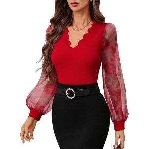 imageMakeMeChic Womens Lace Long Sleeve Tops Sheer Mesh Scallop Trim V Neck Blouse ShirtFred