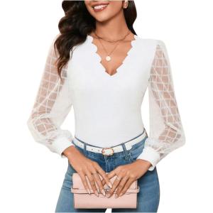 imageMakeMeChic Womens Lace Long Sleeve Tops Sheer Mesh Scallop Trim V Neck Blouse ShirtFwhite