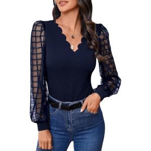 imageMakeMeChic Womens Lace Long Sleeve Tops Sheer Mesh Scallop Trim V Neck Blouse ShirtNavy Blue