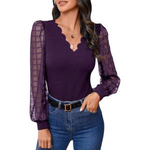 imageMakeMeChic Womens Lace Long Sleeve Tops Sheer Mesh Scallop Trim V Neck Blouse ShirtPurple