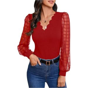 imageMakeMeChic Womens Lace Long Sleeve Tops Sheer Mesh Scallop Trim V Neck Blouse ShirtRed