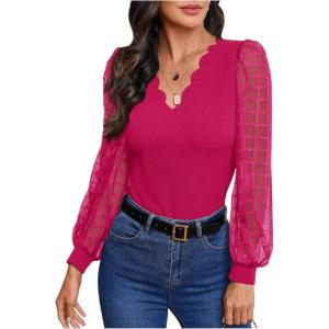 imageMakeMeChic Womens Lace Long Sleeve Tops Sheer Mesh Scallop Trim V Neck Blouse ShirtRed Violet