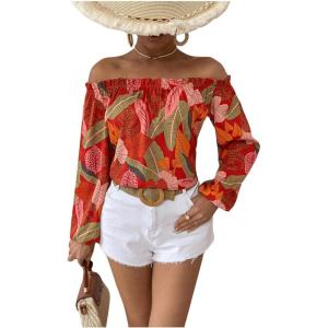 imageMakeMeChic Womens Off Shoulder Blouse Lantern Long Sleeve Frill Trim Floral Print Shirt TopsMulticolor