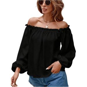 imageMakeMeChic Womens Off Shoulder Shirts Long Sleeve Frill Trim Blouse TopBlack