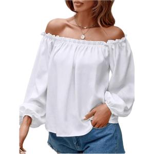 imageMakeMeChic Womens Off Shoulder Shirts Long Sleeve Frill Trim Blouse TopWhite
