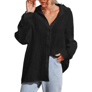 imageMakeMeChic Womens Oversized Button Down Shirts Collared Button Up Shirt Blouse TopBlack Color