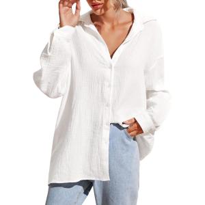 imageMakeMeChic Womens Oversized Button Down Shirts Collared Button Up Shirt Blouse TopWhite Color