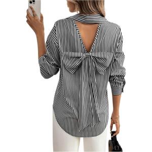 imageMakeMeChic Womens Striped Bow Tie Button Down Shirts Cut Out Long Sleeve Collar BlouseBlack and White