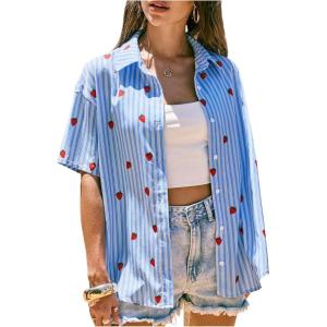 imageMakeMeChic Womens Striped Button Down Shirt Strawberry Blouse Short Sleeve Casual Summer TopsBlue