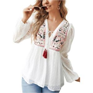 imageMakeMeChic Womens Swiss Dots Embroidery Boho Shirts Long Sleeve Tassel Peplum BlouseWhite