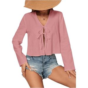 imageMakeMeChic Womens V Neck Tie Front Top Blouse Long Sleeve Loose Blouses Crop TopPink